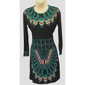 Tory Burch 100% Silk Black Green Long Sleeve Stretch Dress
